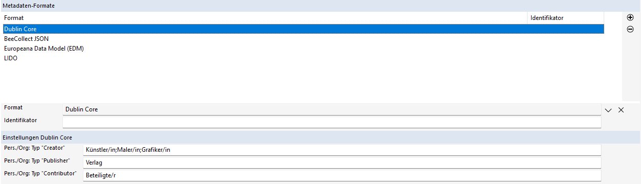 Einstellungen Dublin Core