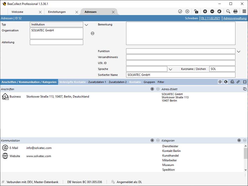 Beispiel einer Institutionsadresse