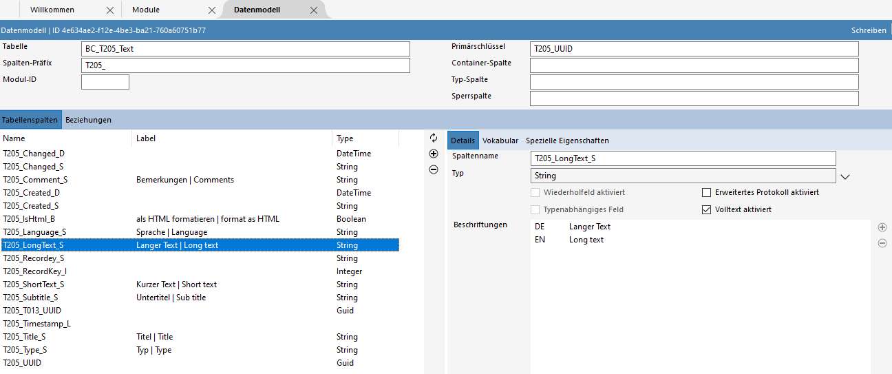 Aktivierung von Datenfeldern für die Volltextsuche